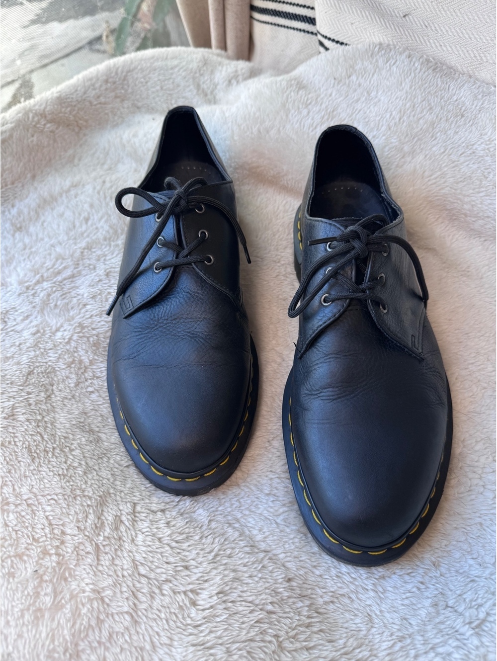 Dr. Martens Black Leather 3-Eye Oxford Derby Shoes Yellow Stitching Size 11